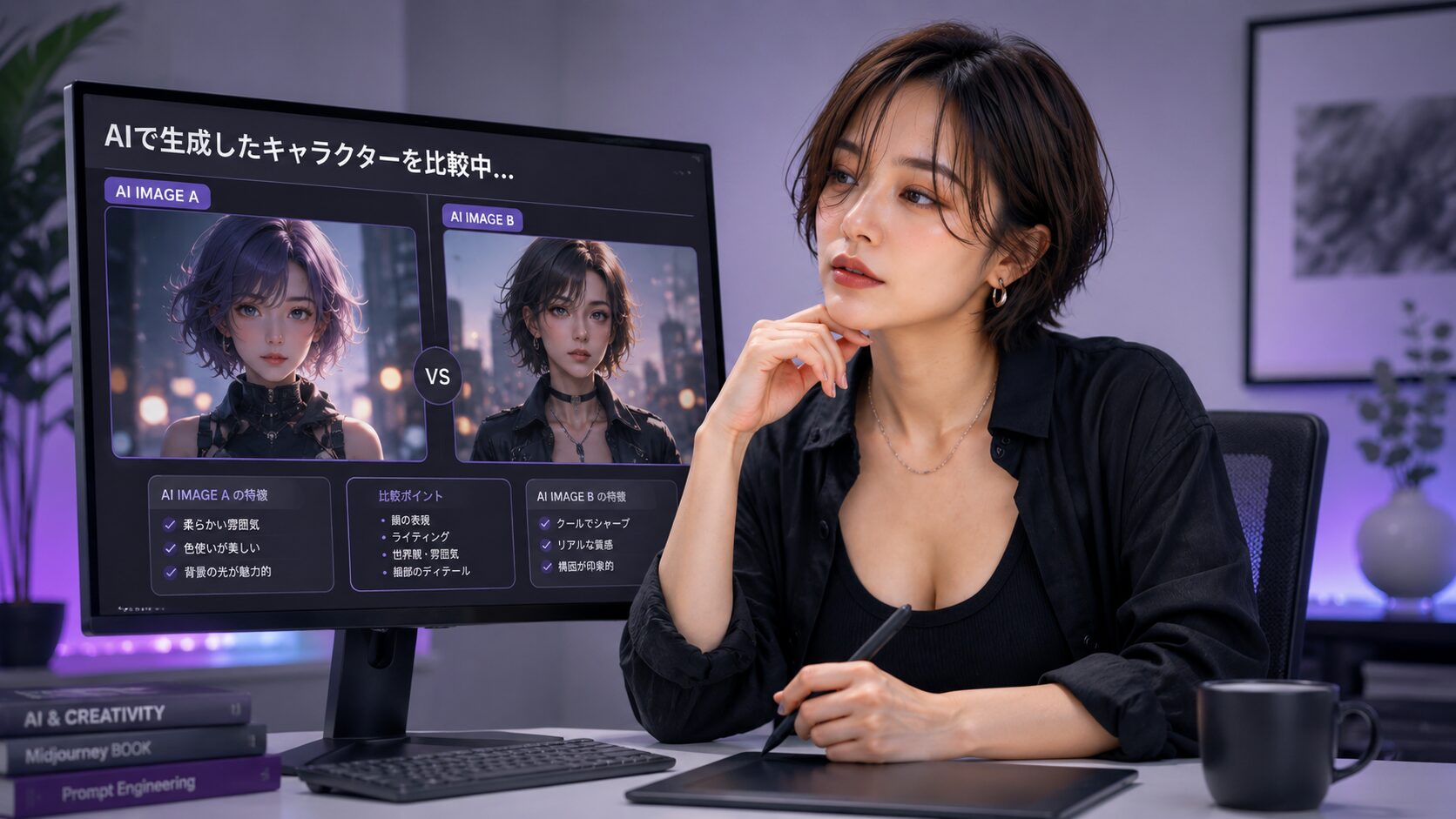 2つのAI生成キャラクター画像を比較している美帆さん