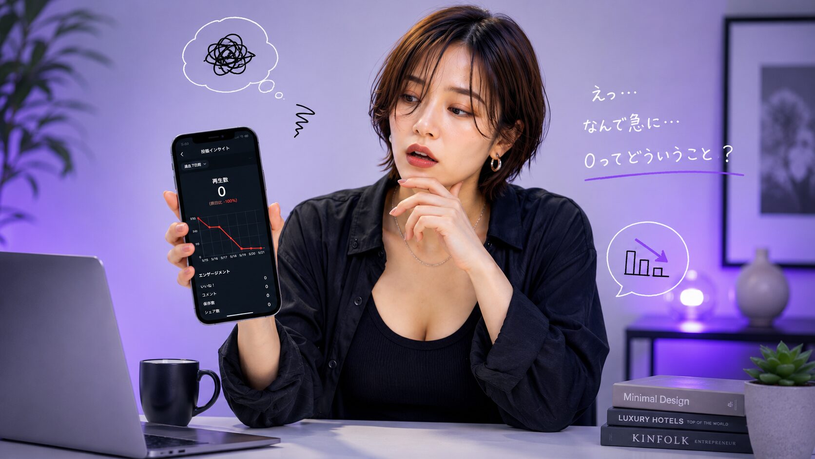 SNSの再生数が急落したグラフを見て驚く美帆さん