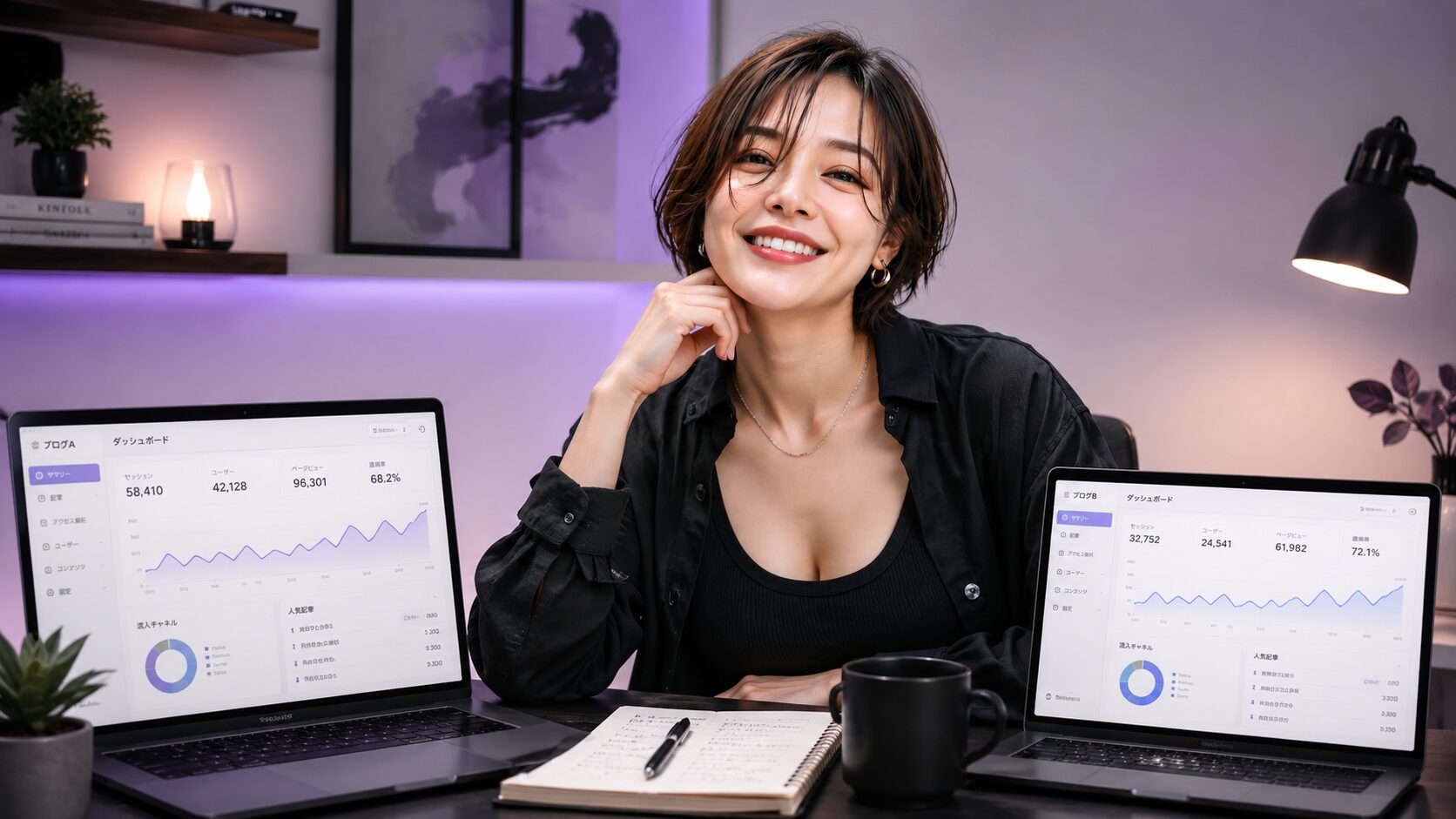 2つのブログダッシュボードを前に作業する美帆さん