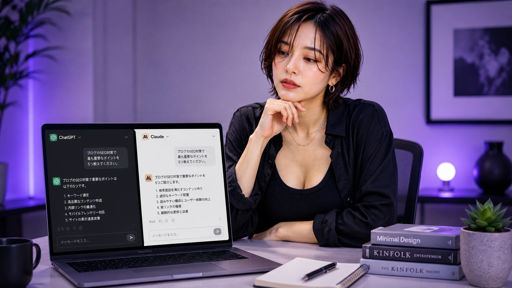 ChatGPTとClaudeの2画面を並べて作業する美帆さん
