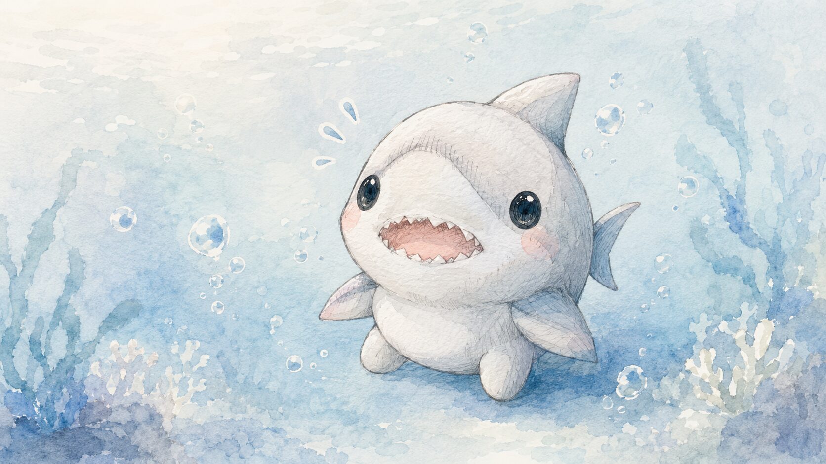 水彩絵本風のかわいい小ザメのイラスト
